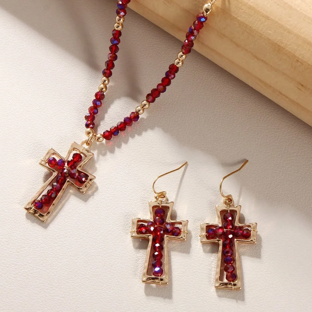 Trendy Teal Blue Glass Beaded Cross Necklace Earrings Set Stainless Steel Link Chain Gold Heart Shape Featuring Diamond Pearl - Image 3