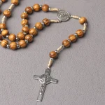 Catholic Wood Rosary Necklace, Wooden Prayer Beads with Zinc Alloy Saint Benedict Cross Pendant, Religious Jesus Neck Jewelry - Image 5