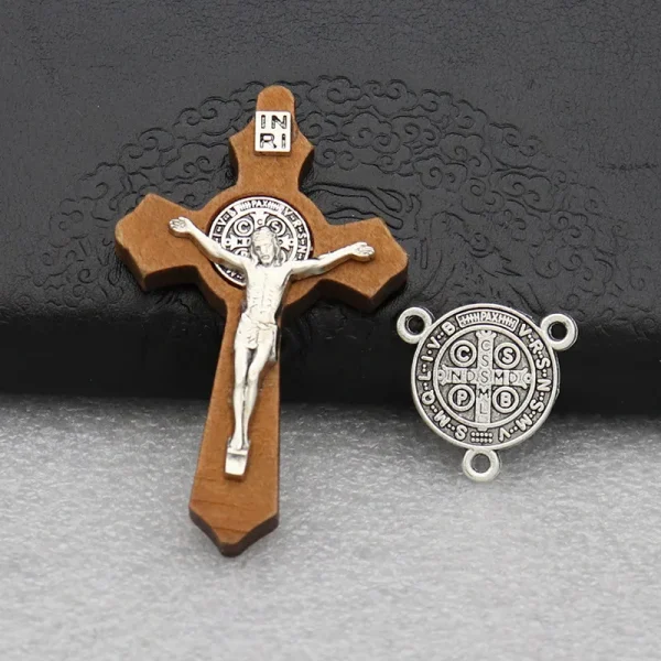 Catholic Crucifix Pendant Wooden Cross Rosary Necklace DIY Metal Handmade Woven Pendant Alloy Main Material Jewelry Acce
