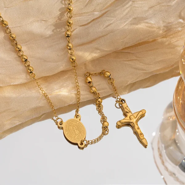 Wholesale Stainless Steel Rosary Retro Niche Personality Premium Oval Necklace Tassel Cross Pendant Catholic Prayer Bead