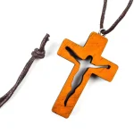 Catholic Natural Jesus Cross Wooden Carving Pendant Jewelry Jesus Carved Wooden Cross Necklace Wholesale - Image 2
