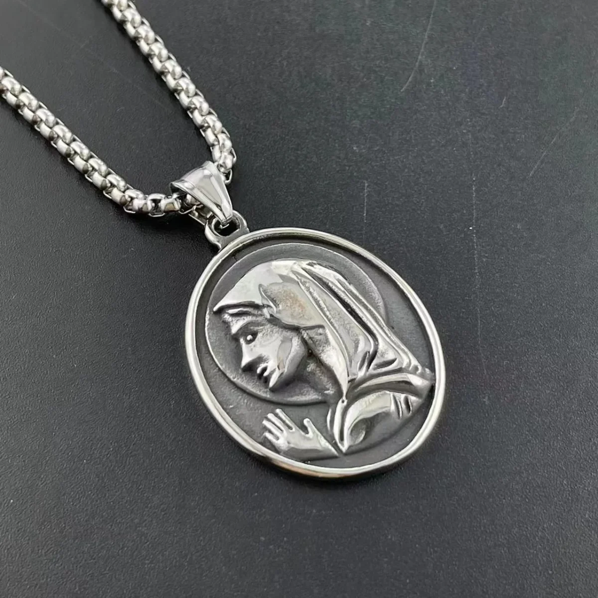 Catholic Stainless Steel Our Lady Medal Christian Embossed Oval Medal Raised Edge Rays of Light Virgin Mary Pendant - Image 4