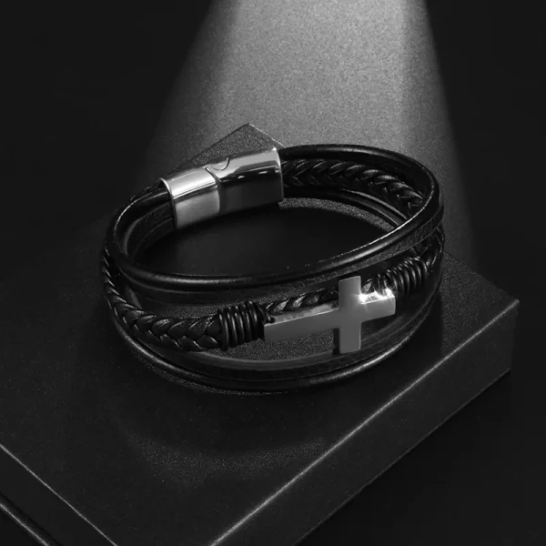 Hot-Selling Trendy Charm Woven Leather Bracelet Handmade Magnetic Clasp Gold Cross