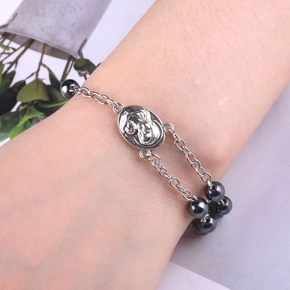 Hematite Rosary Bracelet Cross Catholic Holy Soil Baptism Communion Jewelry Wholesale - Image 4