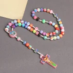 Mecrt Rosary for Child Necklace Colorful Polymer Clay Jesus Cross Pendant Beads Chain Holy Communion Baptism Kids Gift