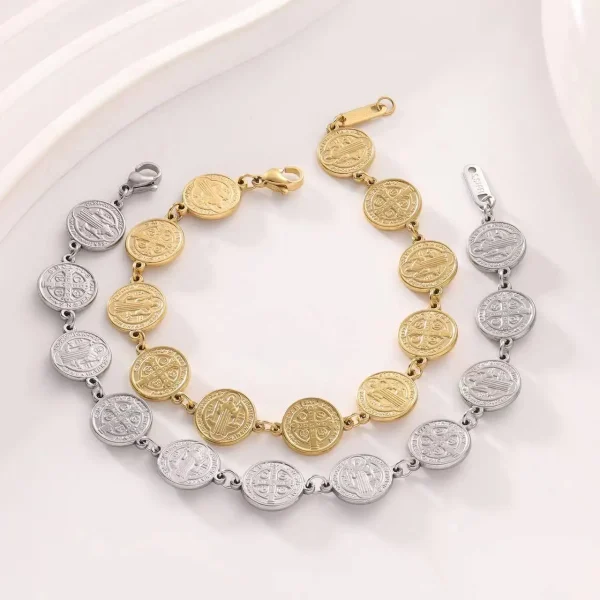 Catholic Latest Religious Jewelry 14K Gold Saint Benedict Medal Bracelet