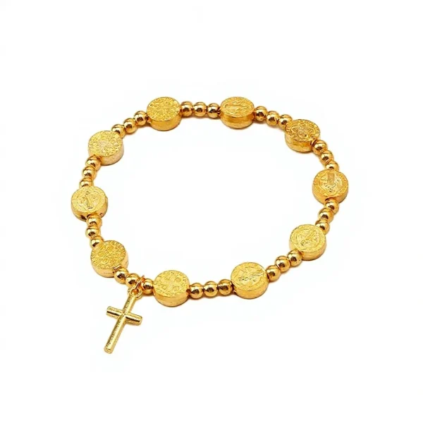 Cross Border Gold Plated Alloy Saint Benedict Cross Pendant Rosary Baptism Gift Beaded Bracelet