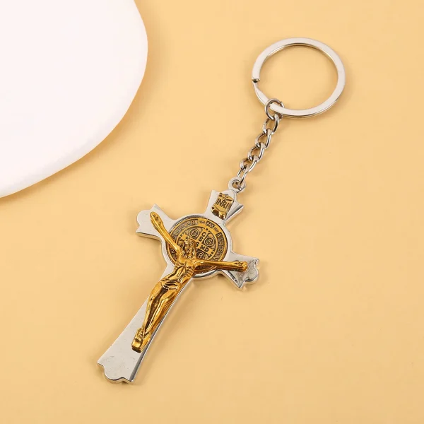 Catholic Cross Keychain Metal Saint Benedict Cross Keychain Catholic Crucifix Medal Keyring Jerusalem Charm