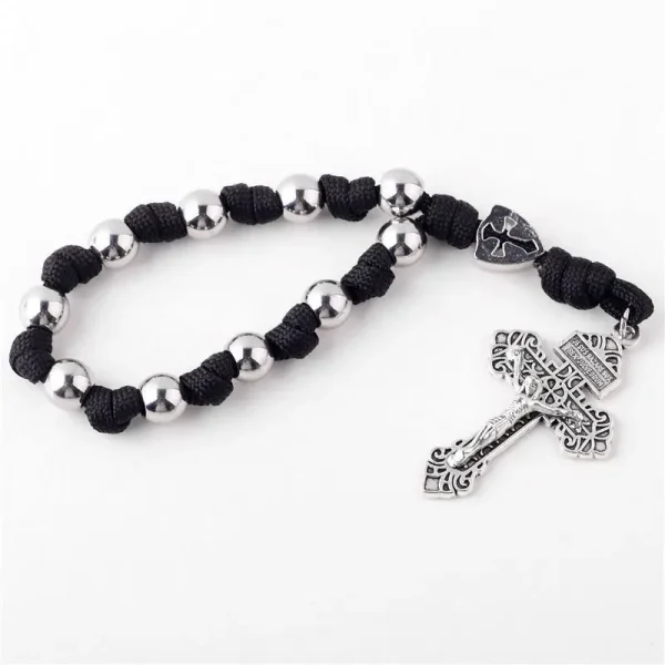 Colorful Metallic Rosary Bracelets Catholic Jesus Christ Cross Umbrella Rope Weaving Prayer Beads Cross Jewelry
