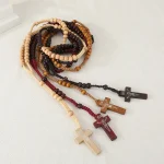 Handmade Natural Wood Beads Catholic Rosary Necklace Cross Jesus Pendant Religious Crucifix Jewelry Unisex Anniversary Wholesale