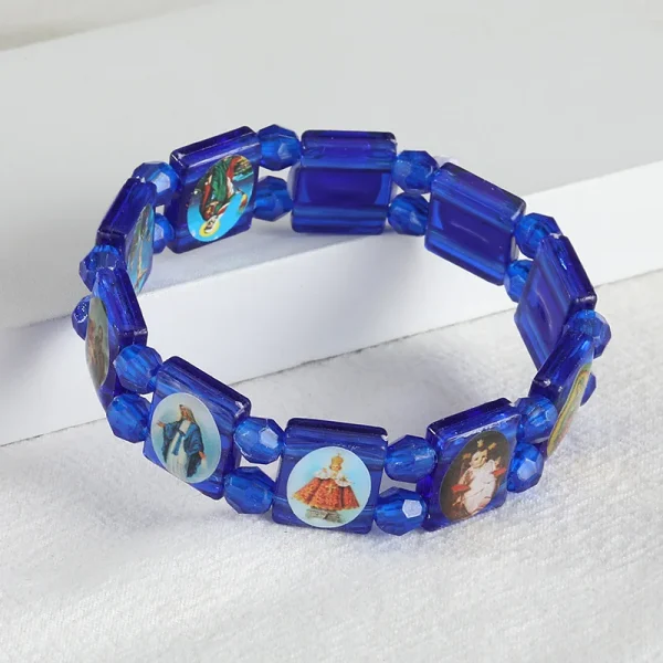 Hot Selling Catholic Cross Luminous Saint Image Religious Bracelet Resin Elastic Beaded Personalized Bracelet
