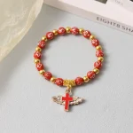 Catholicism Acrylic Cross Bead Bracelet with Gold Stamping Angel Cross Eucharist Baptism Rosary Bracelet Beaded Gift