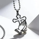 Stainless Steel Bamboo Chain Sporty Unisex Prayer Hand Cross Necklace Pendant Personalized Sweater Chain Jewelry Accessories - Image 3
