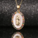 Mecrt Catholic Oval Coin Medallion Necklace 18K Gold Plated CZ Virgin Mary Pendant Cubic Zirconia Our Lady of Guadalupe - Image 3