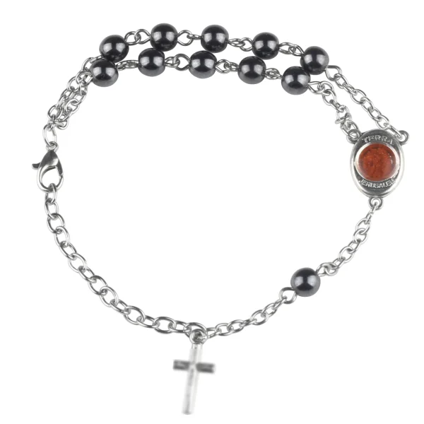Hematite Rosary Bracelet Cross Catholic Holy Soil Baptism Communion Jewelry Wholesale