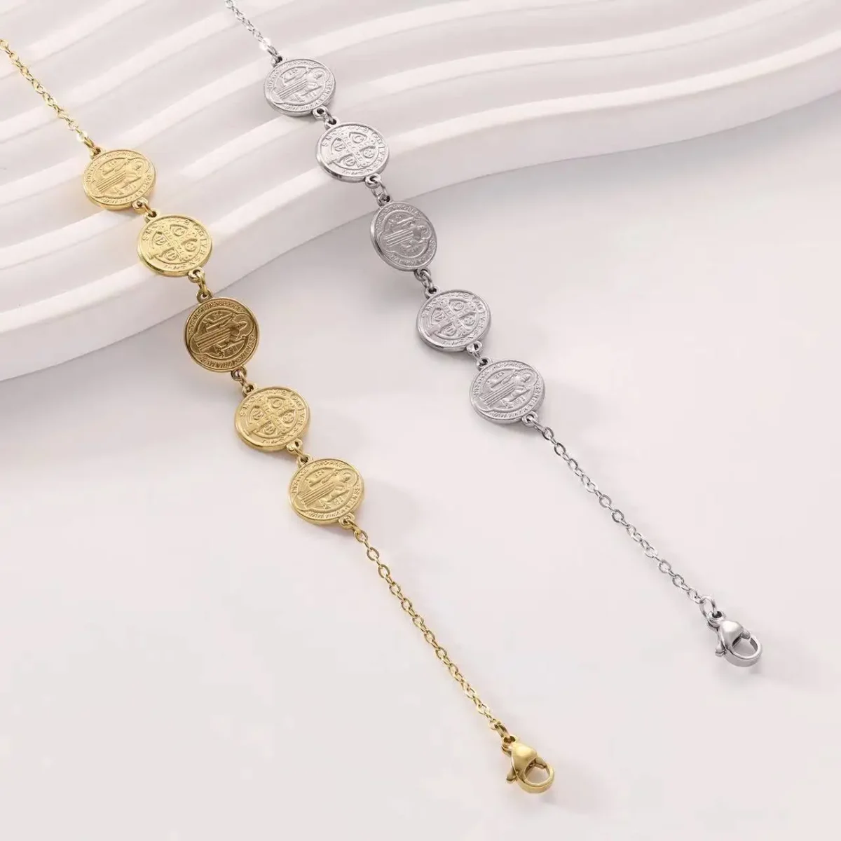 Catholic Jewelry Religious Christian Stainless Steel Bracelet for Men Coin Fashion Gold Plated Cross Beaded Exorcism Bracelets - Image 2