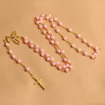 Catholic Rosaries Pink Glass Pearl Beads Angel Wings Trendy Jesus Rosary Necklace 6MM Gold Jewelry Wholesale - Image 5
