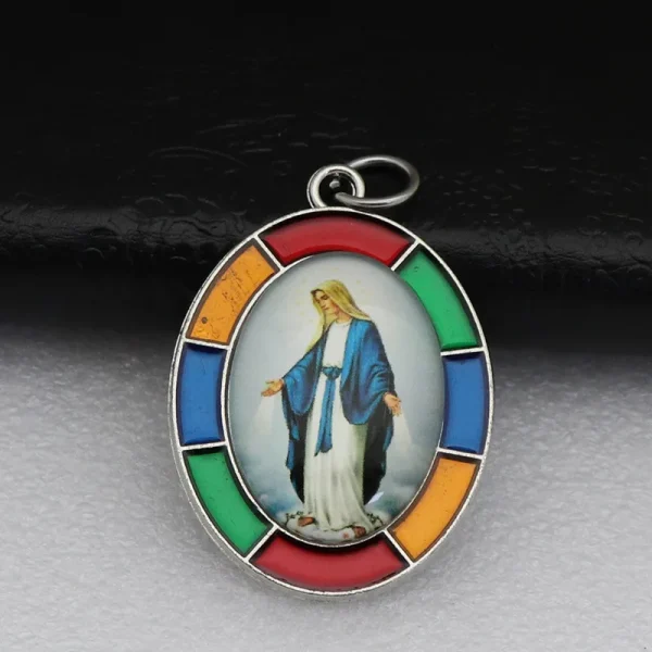 Colored Oval Photo Religious Pendant Natural Stone Alloy Catholic Jewelry Accessories Hanging Decoration Badge Our Lady 