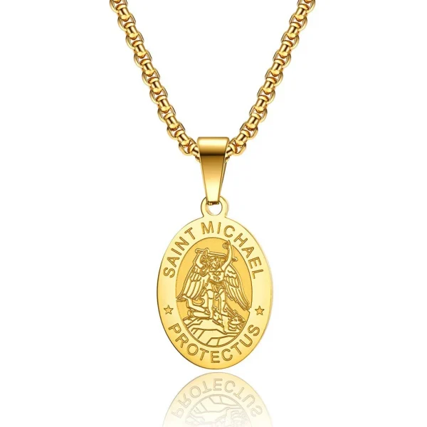 St Michael Archangel Print Pendant Necklace Stainless Steel Blake Oval Pendant Religious Cross Alloy Beads Religious Gif
