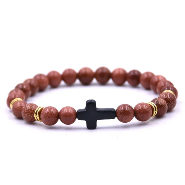 Tiger Eye Volcanic Stone for Bracelet Black Cross with Elastic Cord Trendy Christian Religious Accessory