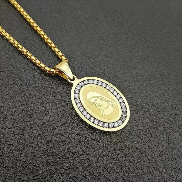Fashion Pave Rhinestone Zircon Necklace Charms Virgin Mary Pendant Necklaces for Women Religious Stainless Steel Jewelry