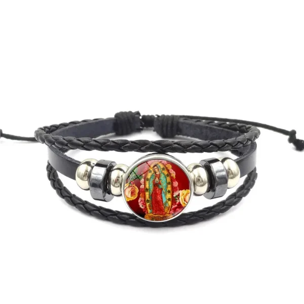 Mecrt Men’s Religious Punk Cuff Bracelets Virgin Mary Medal Beaded Woven Leather Wristband Zodiac Gifts with Cross
