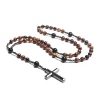 Mecrt Religious Black Onyx African Turquoise Hematite Tiger Eye Stone Pray Beads Blessing Christian Cross Necklace