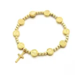 Gold Plated Saint Benedict Round Beads Cross Pendant Bracelet Women Men Religious Catholic Christian Jewelry Accessories Gifts