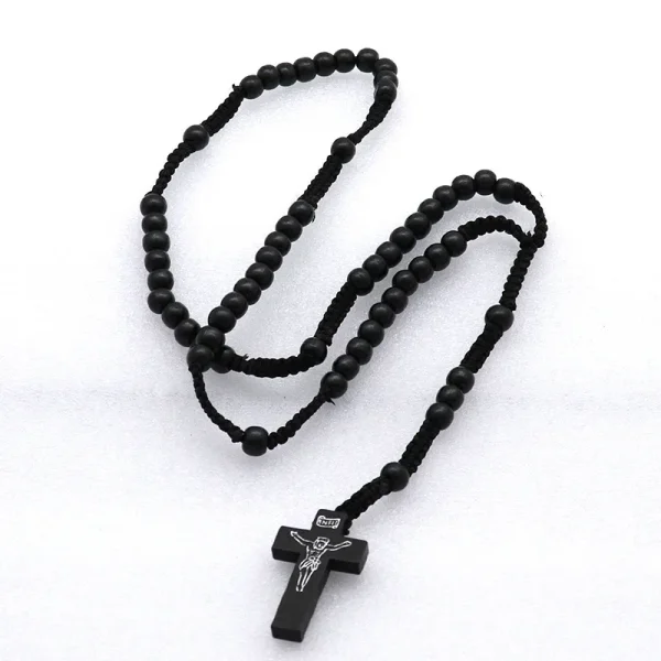 Handmade Natural Wood Beads Catholic Rosary Necklace Cross Jesus Pendant Religious Crucifix Jewelry Unisex Anniversary W
