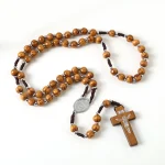 Catholic Rosary Crucifix Cross Pendant Natural Wood Beads 10mm Woven Zinc Alloy Jesus Christian Jewelry Wholesale