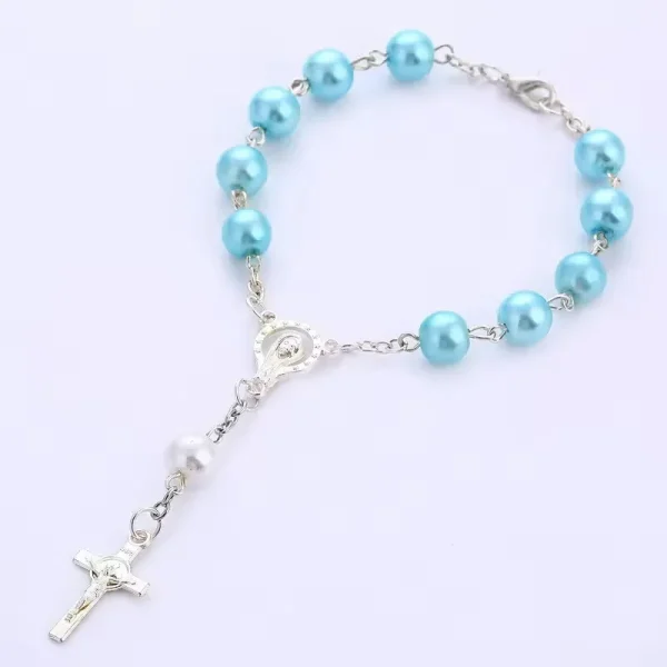 Colorful Pearl Rosary Cross Bracelet Handmade Beaded Religious Jewelry Anniversary Gift Mainly Made of Zinc Alloy
