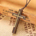 Vintage Handmade Double-layer Alloy Wood Cross Necklace for Women Men Long Pendant Sweater Chain Car Hanging N300 - Image 3