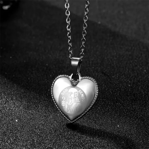 Catholic Saint Benedict Love Stainless Steel Heart Shape Pendant Necklace Christian Religious Gift Unisex