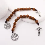 Cross-border Temu Alloy Cross Saint Benedict Medal Prayer Pocket Beaded Bracelets Catholicism Brown Wooden Beads - Image 4