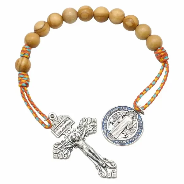 Religious Alloy St. Benedict Wood Pocket Rosary Door hang Bracelet with Jesus Forgiveness and Absolution Pendant