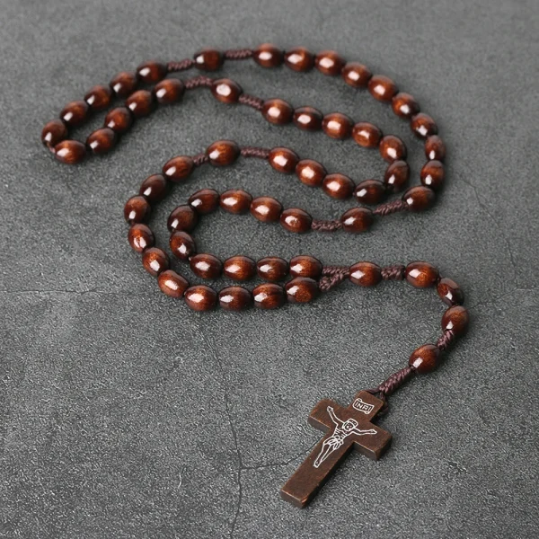 Vintage Rosary Cross Natural Wood Beads 10mm Religious Handmade Pendant Jesus Easter Presents Gifts Christian Jewelry Wh