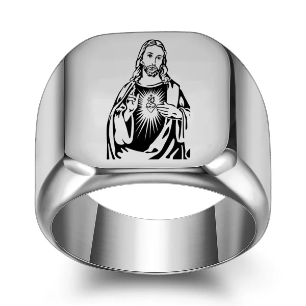 Catholic Jesus Ring Picture Christ Titanium Steel Square Glossy Stainless Steel Christian Rings Gold Black Ring Wholesal