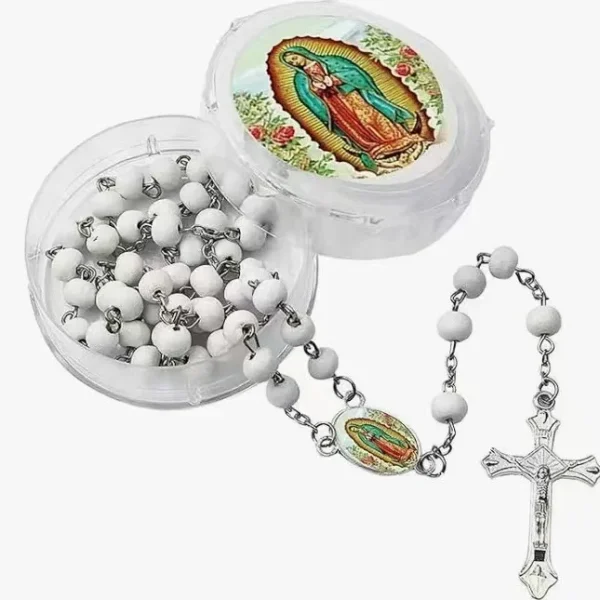 Handmade Rosary Beads Cross Necklace 6mm Scented Wood Bead with Virgin Mary & Diamond Figaro Chain-New