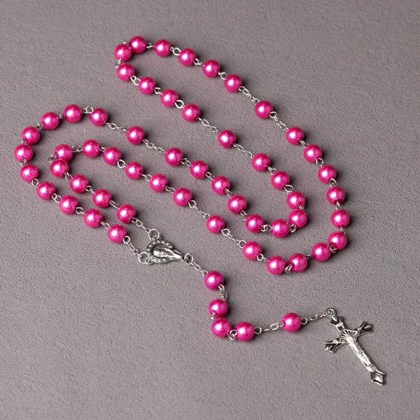 Catholic Rosary Prayer Beads Imitation Pearl Necklace Cross Baptismal Communion Rosary 8mm Christian Jesus Jewelry Churc