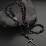 Mecrt Christianity Rosary Men's Cross-Religious Necklace with Natural Black Volcanic Rock Yellow Tiger Eye Iron Stone Beads - Image 2