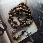 Catholic Rosary Beaded Necklace Hand-strung 10mm Faux Agate Beads in a Vintage Style Woven - Image 2