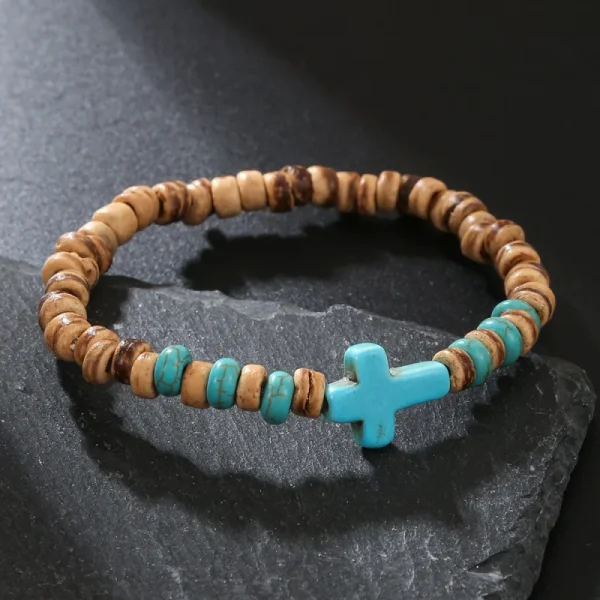 Wooden Bracelet for Men Handmade Beaded Coconut Shell Wood Chip Turquoise Cross Bracelet Hot-selling Religious