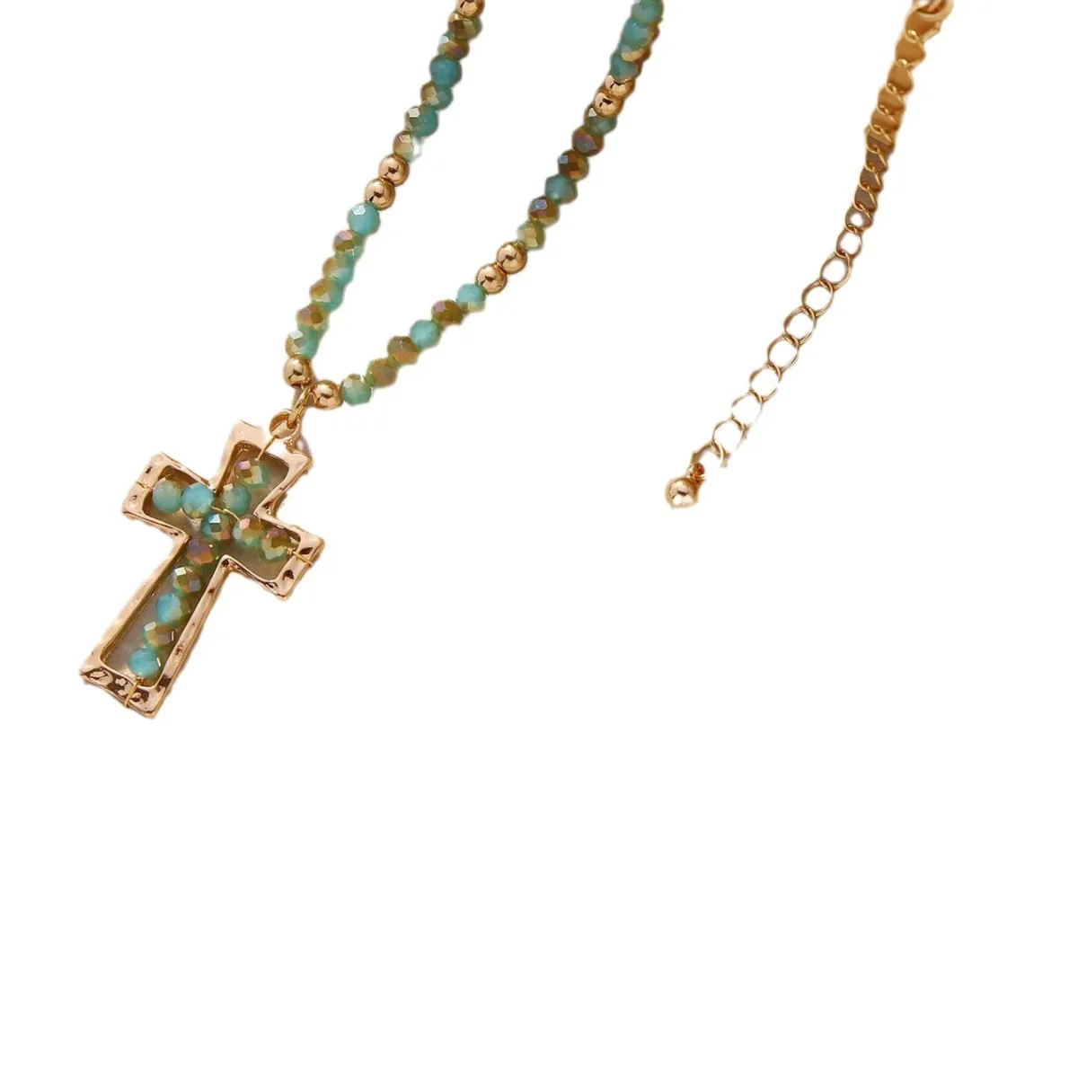 Trendy Teal Blue Glass Beaded Cross Necklace Earrings Set Stainless Steel Link Chain Gold Heart Shape Featuring Diamond Pearl - Image 5