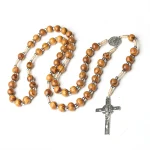 Catholic Wood Rosary Necklace, Wooden Prayer Beads with Zinc Alloy Saint Benedict Cross Pendant, Religious Jesus Neck Jewelry - Image 3