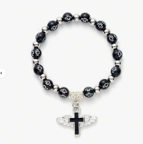 Catholicism Acrylic Cross Bead Bracelet with Gold Stamping Angel Cross Eucharist Baptism Rosary Bracelet Beaded Gift