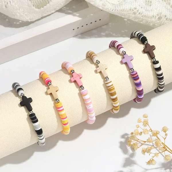 Natural Stone Cross Bohemian Colorful Women Soft Clay Beaded Elastic Multi-Layer Bracelet