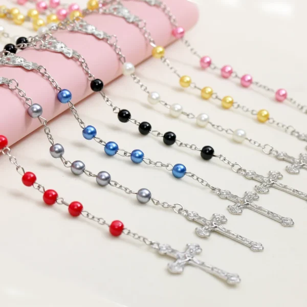 Catholic Rosary Prayer Beads Imitation Pearl Necklace Cross Baptismal Communion Rosary 8mm Christian Jesus Jewelry Churc