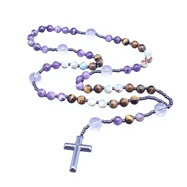 Rosary Necklace AliExpress Men Women Long Natural Amethyst Tiger Eye Stone Head Agate Copper Beads Chain Europe America 