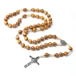 Catholic Wood Rosary Necklace, Wooden Prayer Beads with Zinc Alloy Saint Benedict Cross Pendant, Religious Jesus Neck Jewelry - Image 2