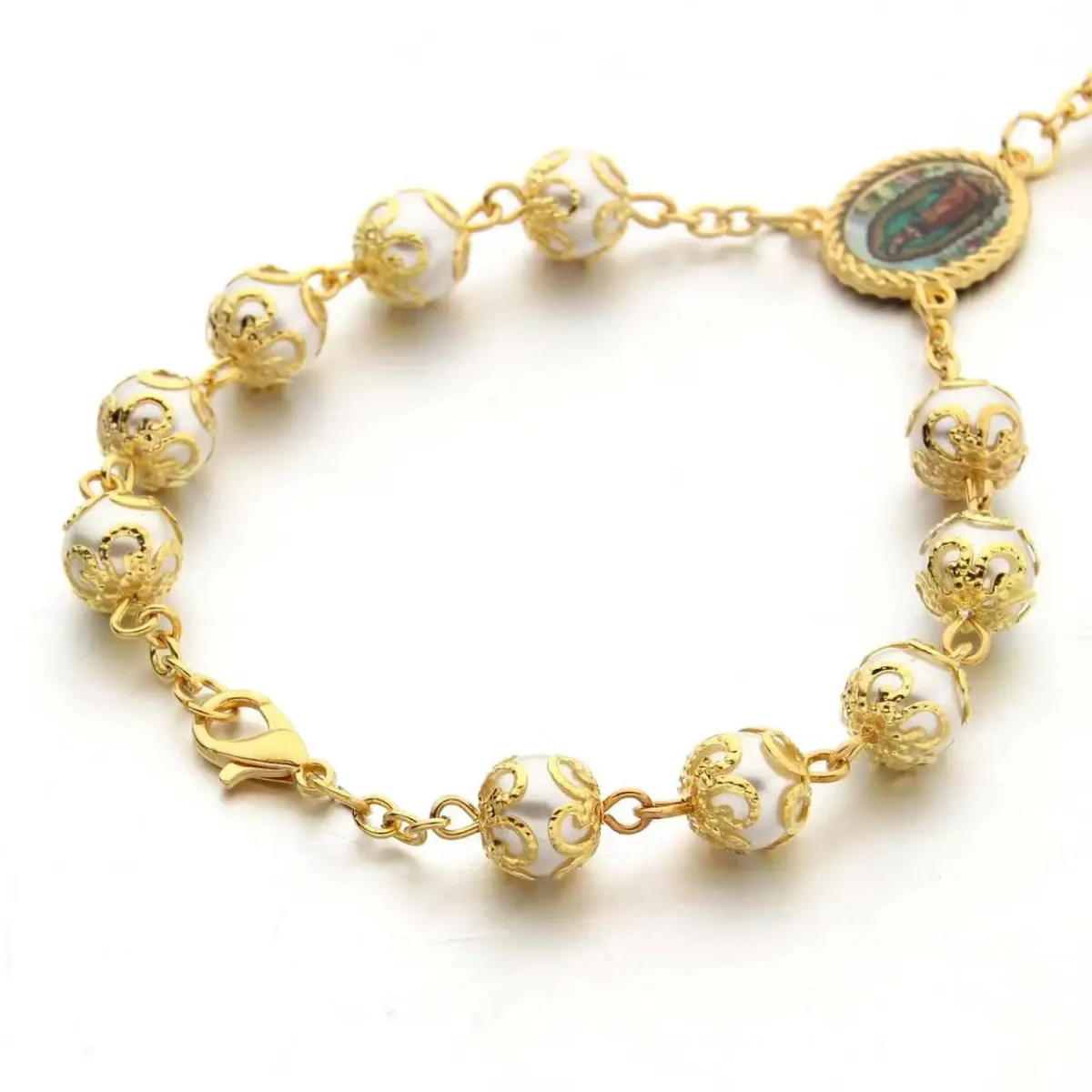 Catholic Pearl Rosary Chain Rosary Bracelets Gold Plated Pearl Beads Jewelry Cross Bracelet for Women - Image 4